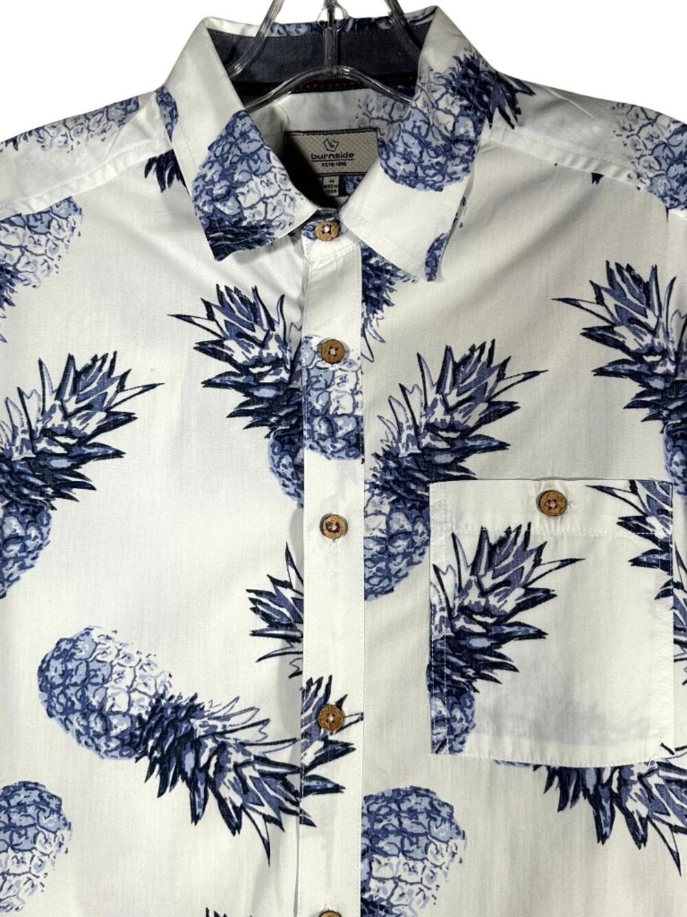 Burnside Men M Pineapple Hawaiian Shirt White Blue 100% Cotton Short Sleeve